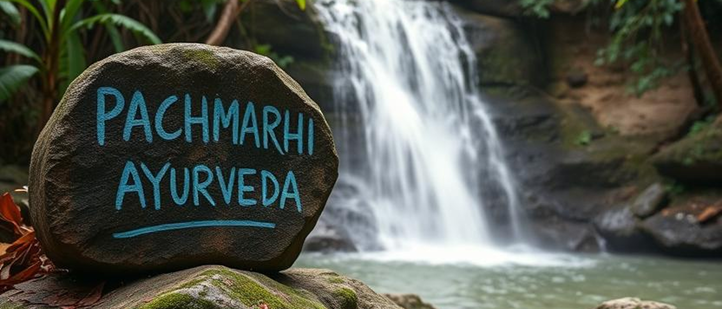 A scenic waterfall in a forest with a large rock in the foreground. The rock has 'Pachmarhi Ayurveda' written on it in blue letters.